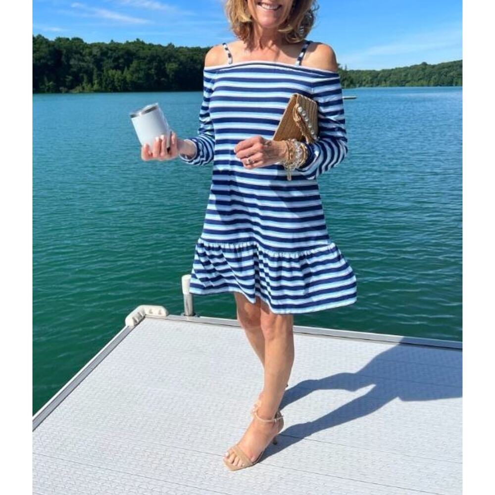 Cabana Life Off The Shoulder Striped Peplum Hem Dress Blue Ivory Women's Medium